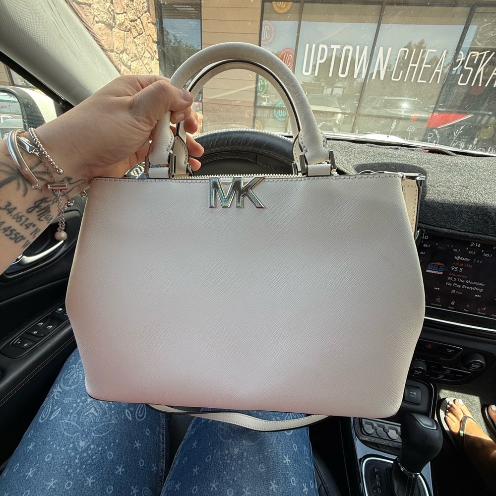 Michael Kors White Saffiano Satchel with Silver MK Hardware